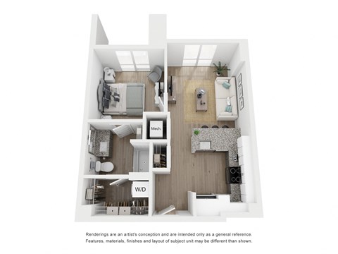 Floor plan for 1 bed, 1 bath, 608 sqft